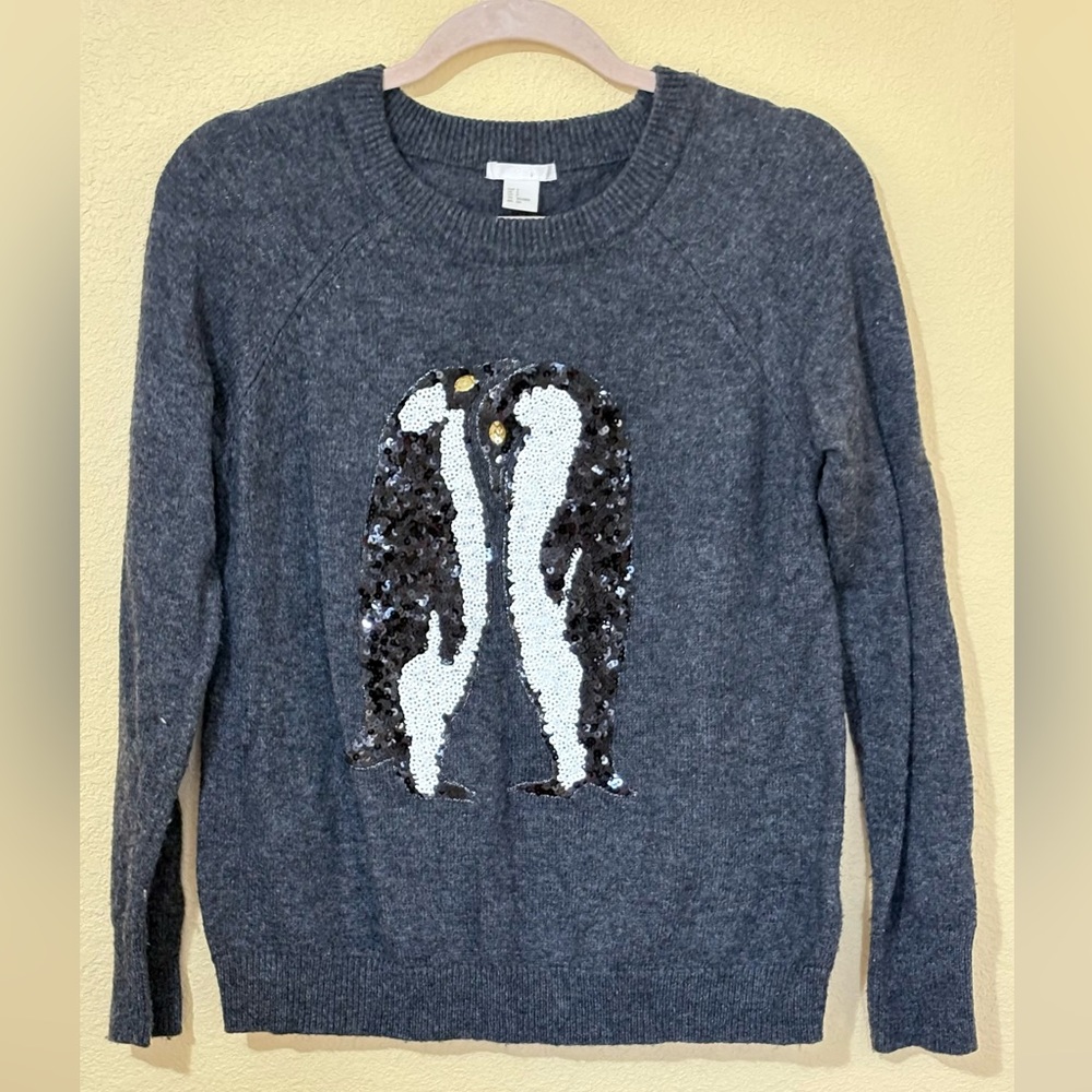 H&M Alpaca Blend Sweater Gray Sequin Penguins Holiday Winter Pullover Size S